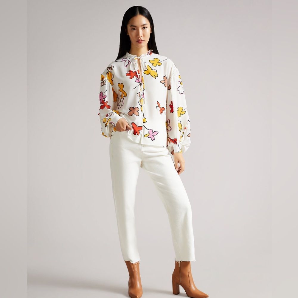 Ted Baker London Thurso Floral Print Stretch Woven Balloon Sleeve Blouse Size 4 - Picture 2 of 15